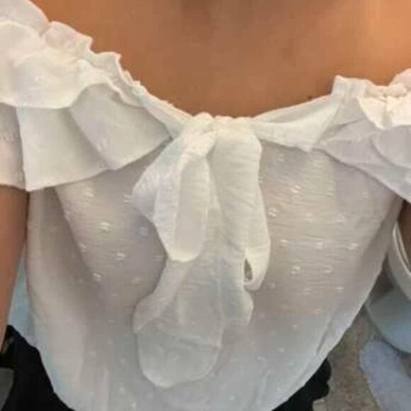 swiss dot boho off shoulder relaxed fit ruffle and tie detail blouse white - Picture 8 of 8
